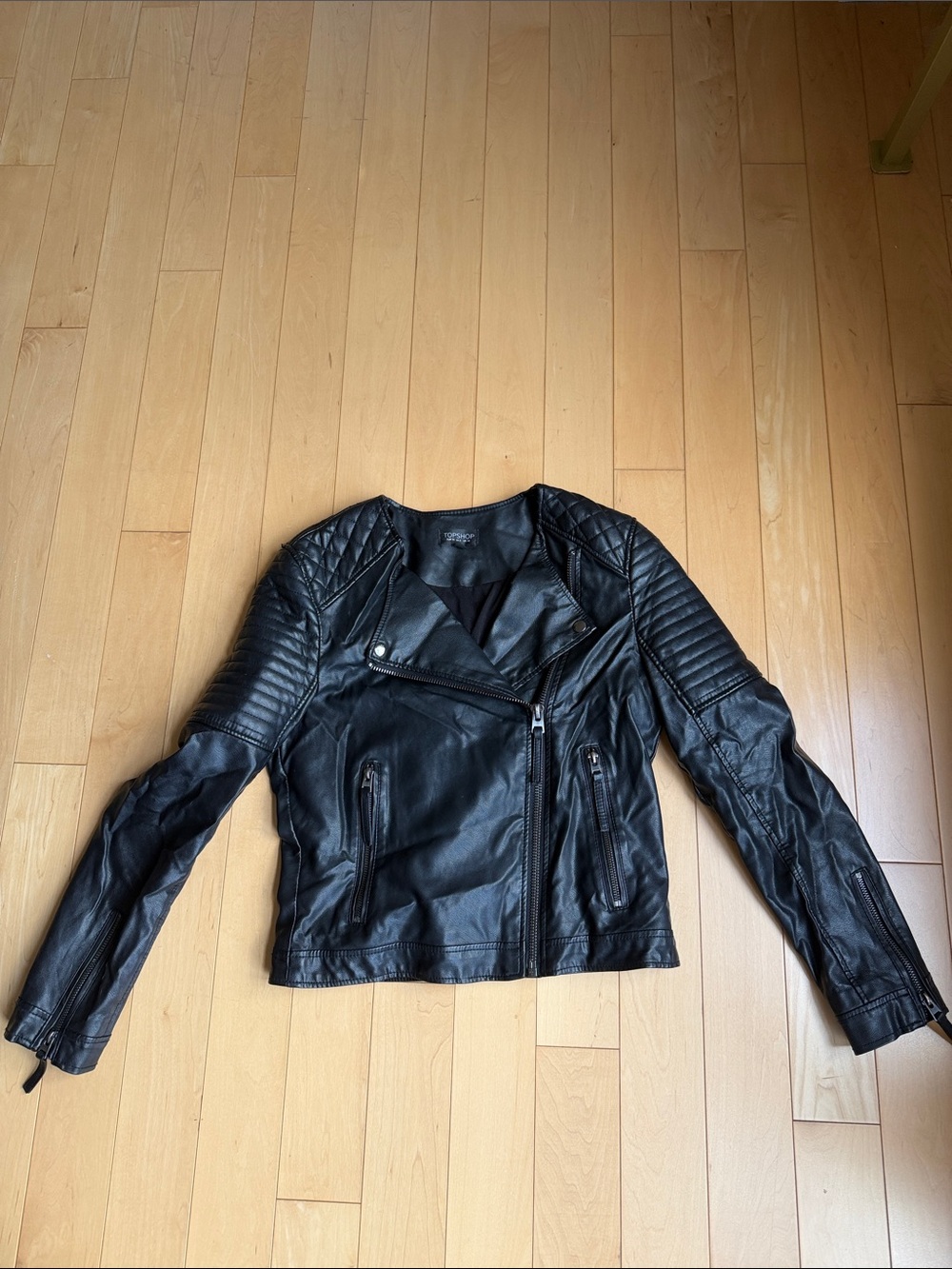 Topshop Black Quilted-Shoulder Moto Leather Jacket